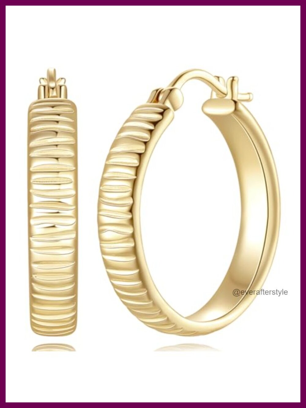14K Gold Plated Hoop Earrings Textured Latch Back 25mm